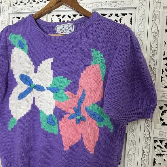 Vintage Recent‎ Works Purple Floral Pastel Short Sleeve Grannycore Sweater - Picture 5 of 8